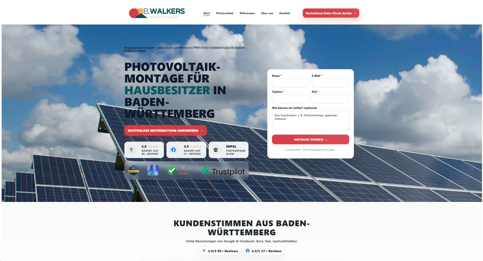 BrooksWalkers Webseitenvorschau f&uuml;r Solarmontagen